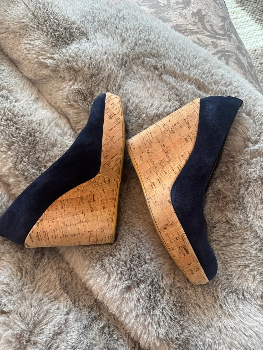 Stuart Weitzman Navy Suede Cork Wedge Pumps